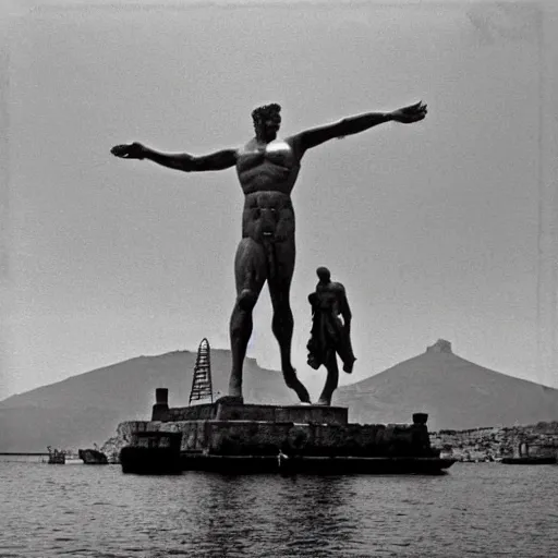 Prompt: the colossus of rhodes statue standing above the greek harbor with boats going through its legs black and white dali picture front view