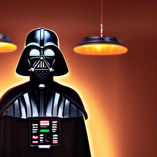 Image similar to darth vador working at dunkin donuts , 8k cinematic lighting, very sharp detail, anatomically correct