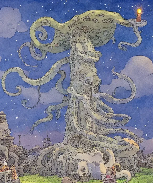 Prompt: a hyperrealist studio ghibli watercolor fantasy concept art. in the foreground is a giant grey octopus liting and putting stones in to place on top of stonehenge with a starry sky. by rebecca guay, michael kaluta, charles vess