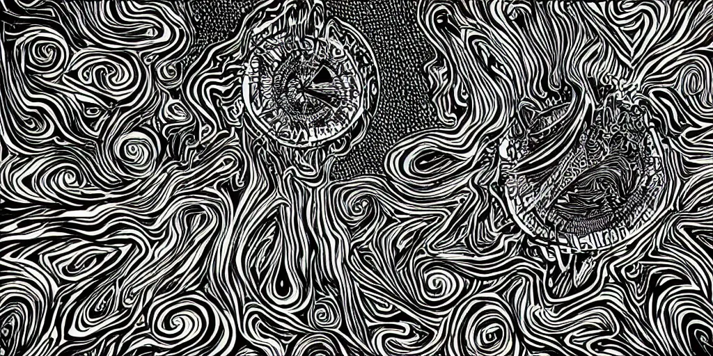 Image similar to bold black and white illustrated artwork thick lines psychedelic shaman