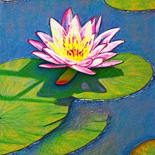 Image similar to a color pencil painting of a waterlily, floral painting, textile