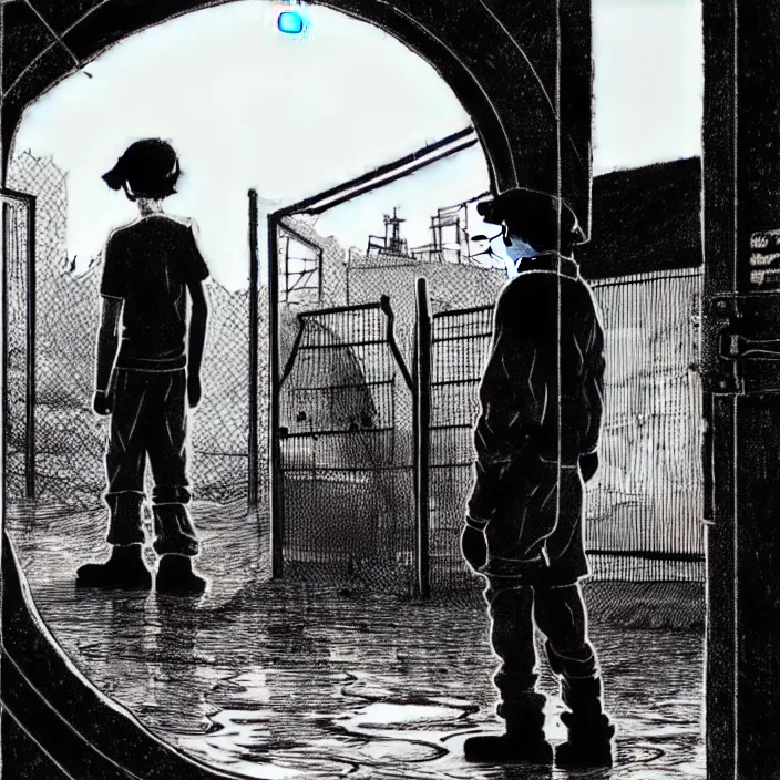 Image similar to sadie sink in dirty workmen clothes waves goodbye to workmen. near a gate. background : factory, dirty, polluted. technique : black and white pencil and ink. by gabriel hardman, joe alves, chris bonura. cinematic atmosphere, detailed and intricate, perfect anatomy