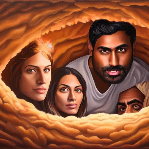 Image similar to a painting of three brown men and a brown woman emerging out of a giant open book, hyperrealistic faces, detailed digital art, aesthetic!, trending on artstation