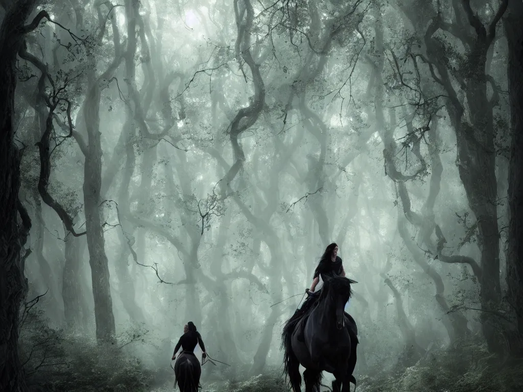 Image similar to a woman riding a black horse through a oak and beech forrest, similar to arwen on asfaloth rays of light, cinematic, fantasy art, moody morning light, trending on artstation, by peter jackson