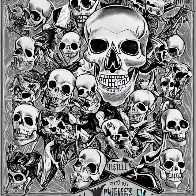 Prompt: flyer of jawless skulls skeletons riding motorcycles in the style of lozeau