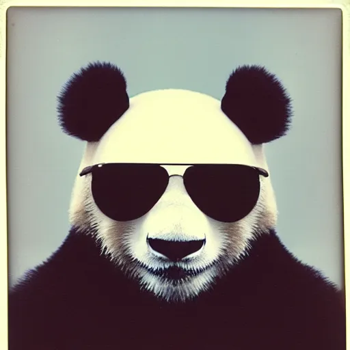 Prompt: gltch art, grainy head to shoulder portrait polaroid film photograph of a panda in a mall wearing aviator shades. super resolution. surreal. extremely detailed. polaroid 6 0 0 film. by annie leibovitz and richard avedon