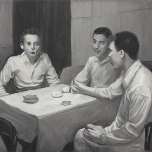 Prompt: Three students talking at a table artwork by Andrew Loomis