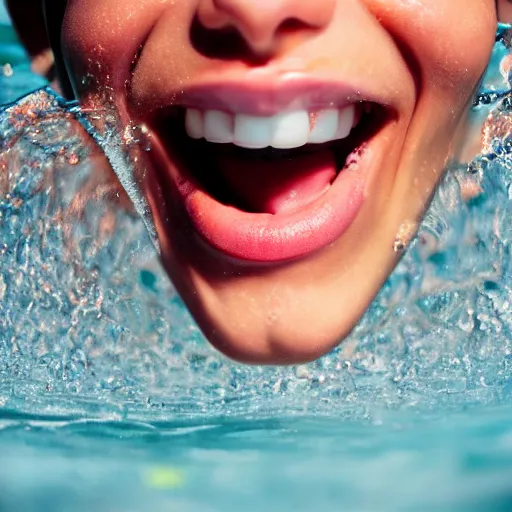 Image similar to extreme close up photo of a human\'s open mouth that is full of water. Inside the water a beautiful woman is swimming relaxedly