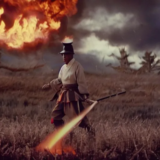 Image similar to cinematic film still Pharrell Williams starring as a Samurai holding fire, Japanese CGI, VFX, 2003, 40mm lens, shallow depth of field,film photography