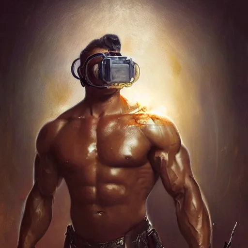 Prompt: handsome portrait of a spartan guy bodybuilder posing, radiant light, caustics, war hero, bespoke vr headset respirator with long cables twirling out into a particle system, by gaston bussiere, bayard wu, greg rutkowski, giger, maxim verehin