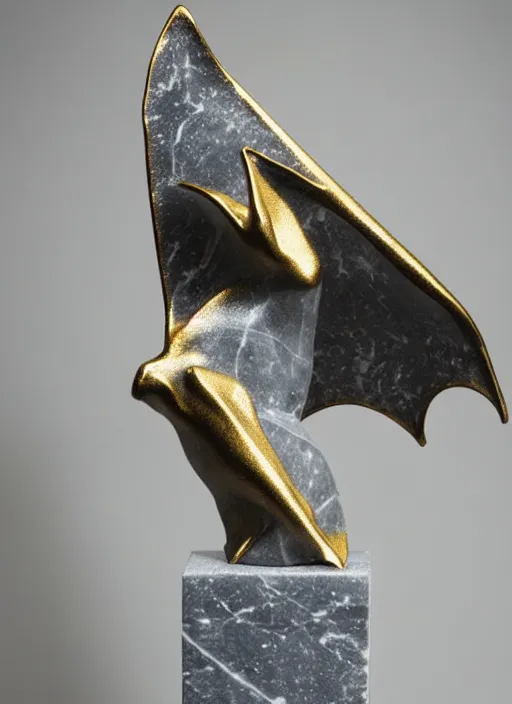 Image similar to gray marble statue of a bat, gold fills in the cracks, beautiful studio lighting