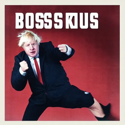 Prompt: Boris Johnson getting beaten in a fight, 60s Kung Fu film, album cover