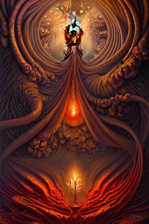 Image similar to A beautiful detailed tarot card, by tomasz alen kopera and Justin Gerard, symmetrical features, ominous, magical realism, texture, intricate, ornate, royally decorated, whirling smoke, embers, red adornements, red torn fabric, radiant colors, fantasy, trending on artstation, volumetric lighting, micro details, 3d sculpture, ray tracing, 8k, anaglyph effect