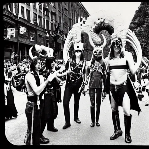 Image similar to Satanic States of America, alternate history, Satanic parade, 1976, cheering crowds, Baphomet float, 70s fashion, Polaroid