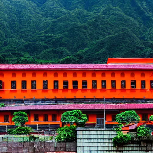 Prompt: Taiwan various bright orange factory buildings exterior, in the countryside of Taiwan