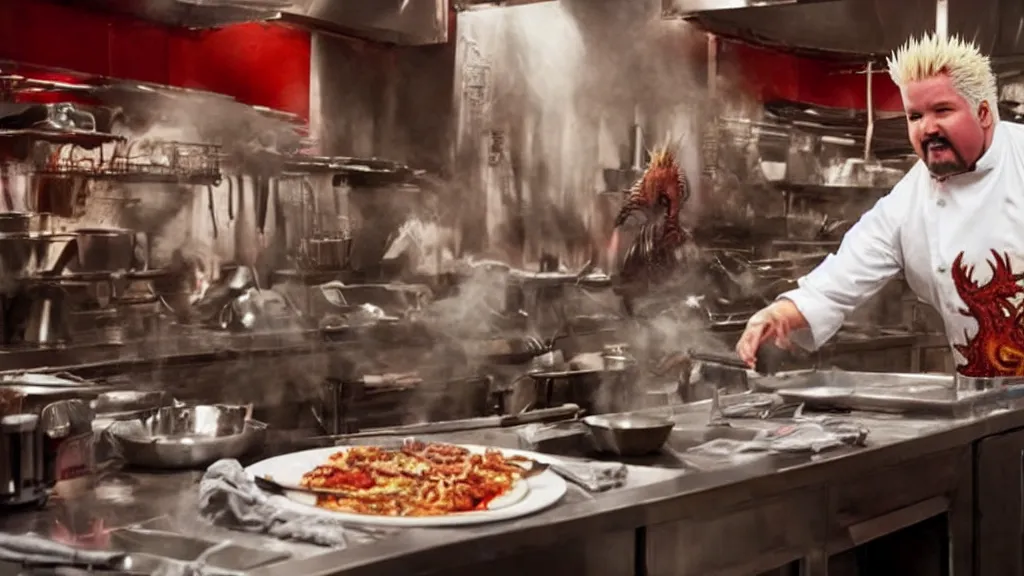 Image similar to guy fieri, turning into an eldritch horror monster, with tentacles, in a restaurant kitchen, film still from the movie directed by denis villeneuve with art direction by salvador dali