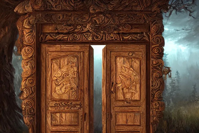 Prompt: large rustic intricately decorated wooden double door, metal handles, a view to a fantasy world, eerie back light, mist, coherent composition, digital fantasy painting trending on artstation