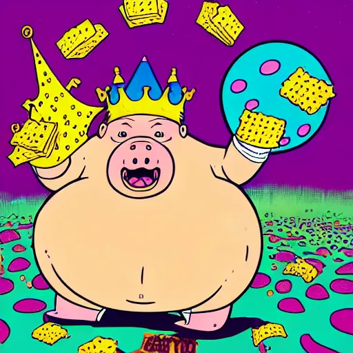 Image similar to trippy comic art of a obese pig wearing a gold crown throwing snack bags into the air, drawn by Martin Rowson, Tim Burton, Studio Ghibli, Alex Pardee, Nekro Petros Afshar, James McDermott, colors by lisa frank, unstirred paint, vivid color, cgsociety 4K