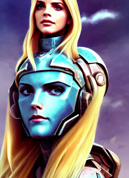 Image similar to portrait of a combination of Ashley Greene, Katheryn Winnick, Victoria Justice and Adriana Dxim, Grace Kelly, Emma Watson and Lily Collins with blonde hair wearing Samus' Armor from Metroid Prime, countryside, calm, fantasy character portrait, dynamic pose, above view, sunny day, thunder clouds in the sky, artwork by Jeremy Lipkin and Giuseppe Dangelico Pino and Michael Garmash and Rob Rey and Greg Manchess and Huang Guangjian, very coherent asymmetrical artwork, sharp edges, perfect face, simple form, 100mm