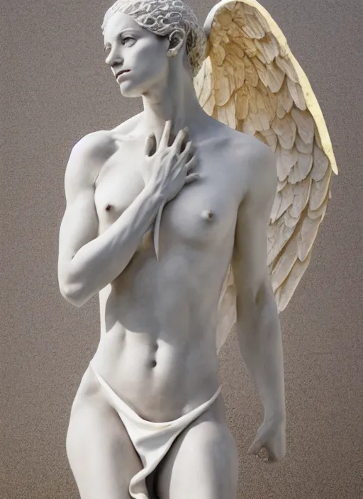 Image similar to a statue made of white marble with gold veins, of an beautiful gorgeous angel girl, full body shot, perfect symmetrical body, perfect symmetrical face, no eyes, hyper realistic, hyper detailed, fujicolor superia 1 6 0 0 photo, by johannen voss, by peter kemp, by monia merlo, by michelangelo octane render, blender, 8 k