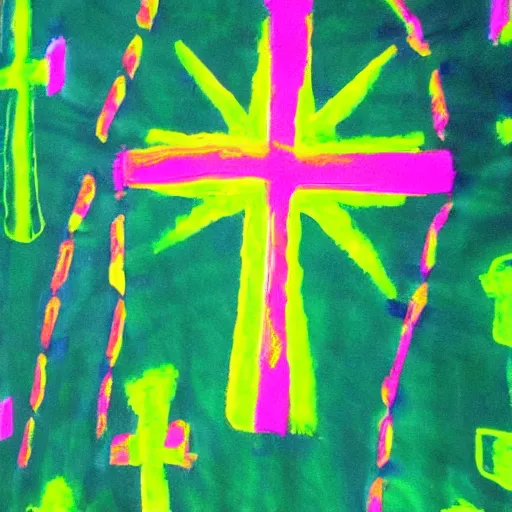 Image similar to fluo green cave painting of cross and ufos