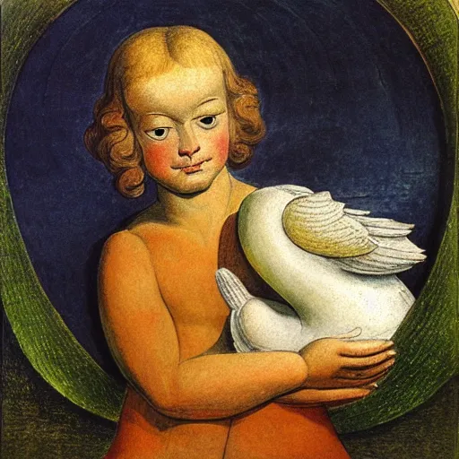 Prompt: biblical angel holding a duck, by jean deville, by william blake, oil on canvas