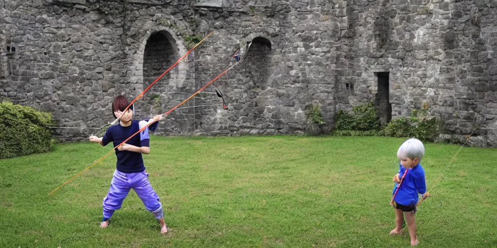 Image similar to a young boy practicing archery in the backyard of a castle, digital art, vivid colors, flat colors, cinematic, wide angle, made by chiho aoshima, trending on artstation, detailed