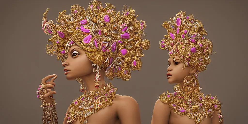 Image similar to dramatic studio portrait of a beautiful flawless symmetrical man wearing intricate otherworldly gold and white jewelry and wearing an ornate elegant pink headdress, hyper realism, very detailed, featured on zbrush central, rendered in cinema 4 d, minimalism, abstract art, f / 2. 8