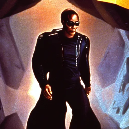 Prompt: still from old 80\'s movie Matrix (1982) actor playing Morpheus