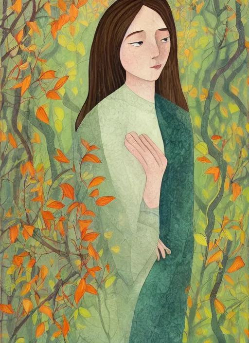 Image similar to a wonderful childrens illustration book portrait painting of a woman with serene emotion, art by tracie grimwood, forest, trees, many leaves, birds, whimsical, aesthetically pleasing and harmonious natural colors