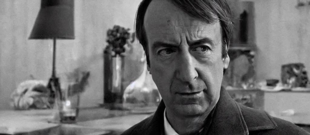 Image similar to A Still of Saul Goodman in an Andrei Tarkovsky film, black and white, gloomy