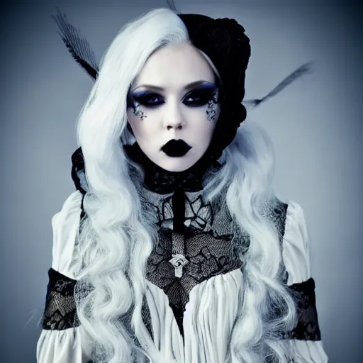 Image similar to modeling photograph kerli koiv in victorian dress, blonde, beautiful, dark, mysterious, bubble goth makeup, detailed symmetrical face, dramatic darkroom lighting high exposure