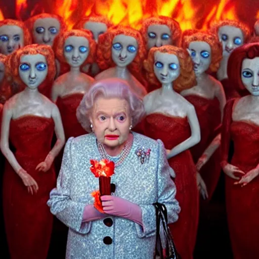 Image similar to stunning awe inspiring betty white as the queen of hell surrounded by fire, lava, brimstone and demonic killer dolls, movie still 8 k hdr atmospheric lighting