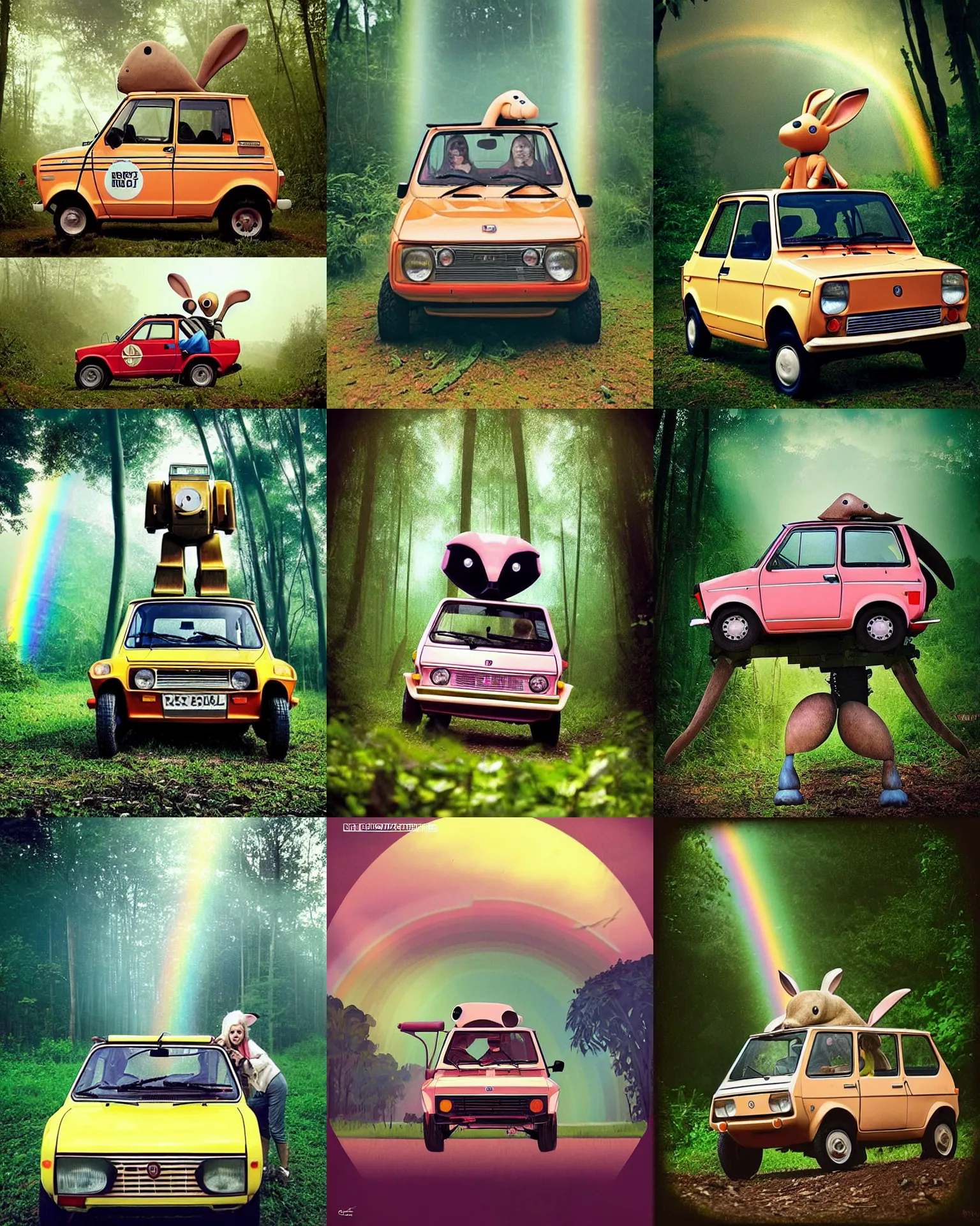 Prompt: fiat 126p!!!giant oversized battle rabbit robot chubby fat mech with big ears as fiat 126p , in jungle forest !!! , full body , sunset , rainbow, Cinematic focus, Polaroid photo, vintage , neutral dull colors, foggy ,by oleg oprisco , by victor enrich , by gregory crewdson , by discovery channel