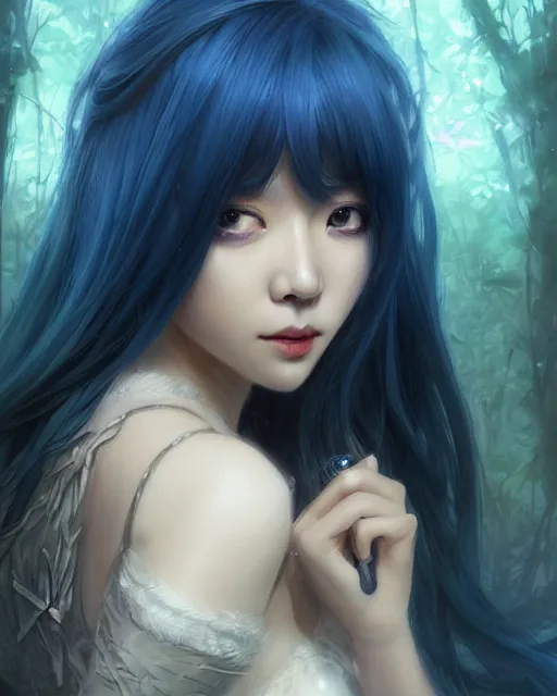 Image similar to stunningly beautiful female blue hair, cute korean actress, dj sura, fantasy art, fae priestess, lush dark forest landscape, fireflys at night, sharp focus, digital painting, 8 k, concept art, art by wlop, artgerm, greg rutkowski and alphonse mucha