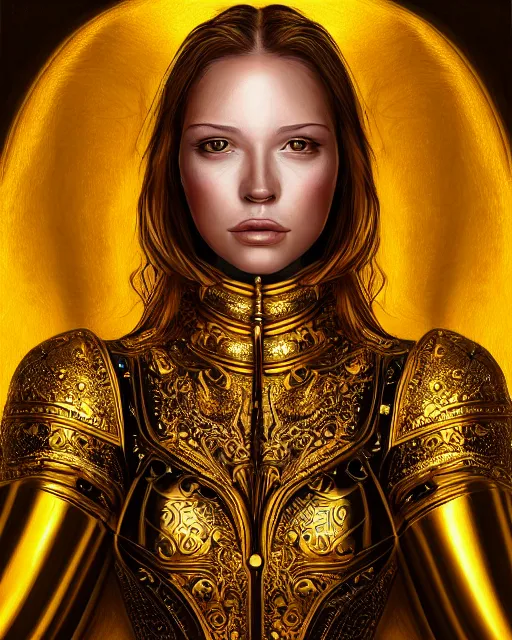 Prompt: digital painting portrait of woman in shining golden armor, high production value, intricate details, high resolution, hdr, high definition, masterpiece, realistic, ultrarealistic, highly detailed, hd, sharp focus, non blurry, sharp, smooth