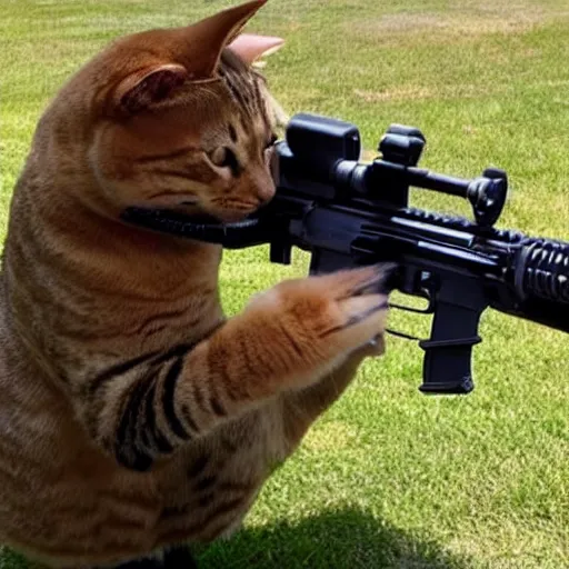 Image similar to Photo of an upright house cat with an AR15