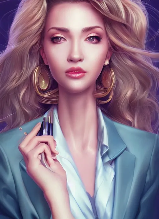 Prompt: beautiful, secretary woman, extremely detailed gorgeous face, looks realistic, hyper-detailed portrait, happy smile, vaporwave aesthetic, synthwave, magical, fantasy, ninchaku , artist Artgerm i and WLOP