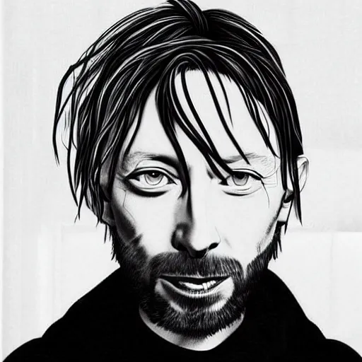 Image similar to thom yorke, pretty face, more details, in style by evangelion,