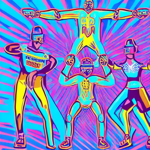 Image similar to wrestlers wearing vr headsets, vr goggles, shrugging, shrugging arms, intricate complexity, inverted neon rainbow drip paint, trending on art station, digital illustration by corefolio