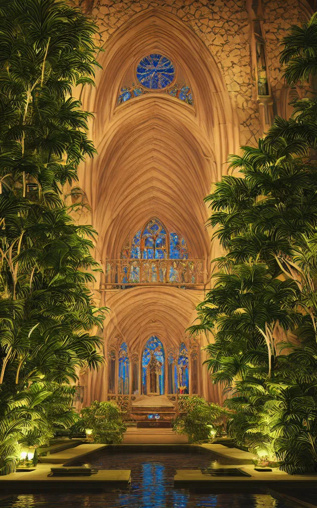 Image similar to cathedral interior at night with koi pond in the middle surrounded by palm trees, ivy, flowers, tropical plants, roses, and with archways, rendered in octane render with photorealistic lighting, cinematic, horizontal symmetry, stars in the sky, baroque, sanctuary, unsplash contest winner, maximalism, sanctuary