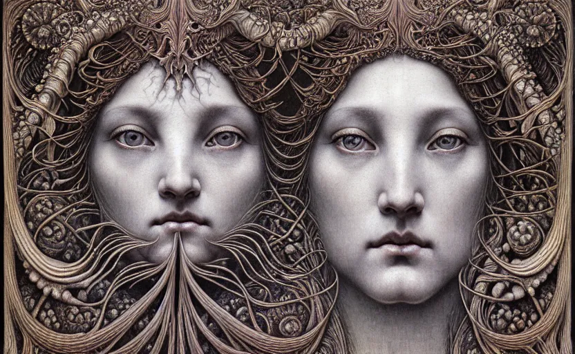 Image similar to detailed realistic beautiful moon goddess face portrait by jean delville, gustave dore, iris van herpen and marco mazzoni, art forms of nature by ernst haeckel, art nouveau, symbolist, visionary, gothic, neo - gothic, pre - raphaelite, fractal lace, intricate alien botanicals, ai biodiversity, surreality, hyperdetailed ultrasharp octane render