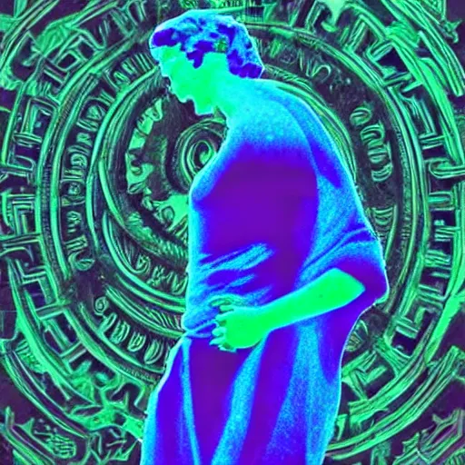 Image similar to greek statue dabbing, 9 0 s style psychadelic background, grainy artifacts