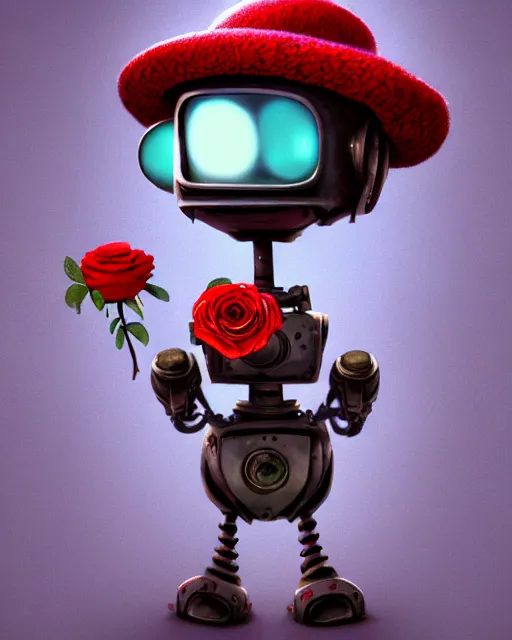 Prompt: An epic fantasy comic book style portrait painting of a cute little robot, rusty components, holding a red rose, wearing a silly hat, very expressive, awesome pose, character design by Mark Ryden and Pixar and Hayao Miyazaki, unreal 5, DAZ, hyperrealistic, octane render, cosplay, RPG portrait, dynamic lighting, intricate detail, summer vibrancy, cinematic