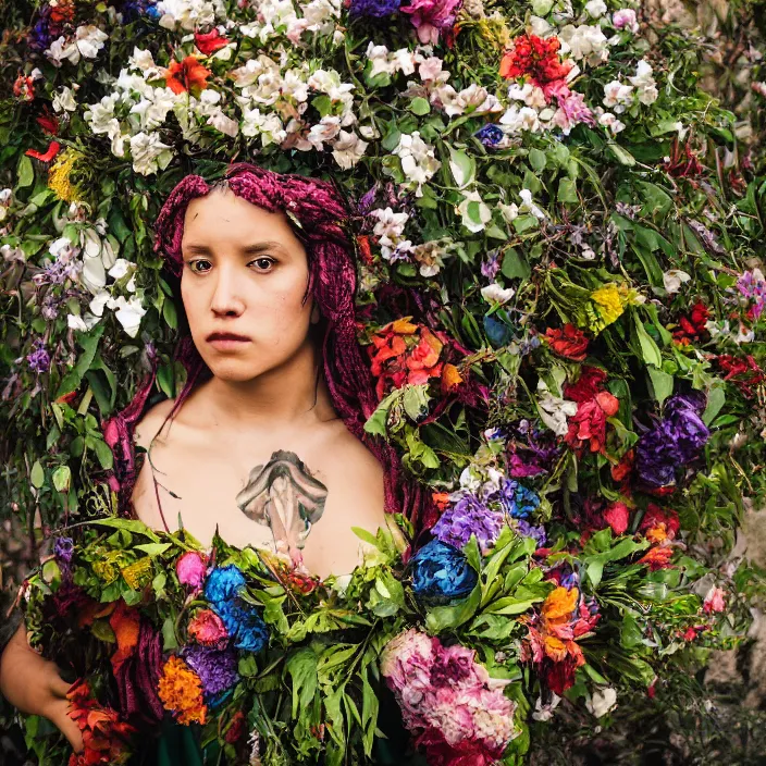 Prompt: a gorgon wearing a cloak made of flowers, by Omar Z. Robles, CANON Eos C300, ƒ1.8, 35mm, 8K, medium-format print