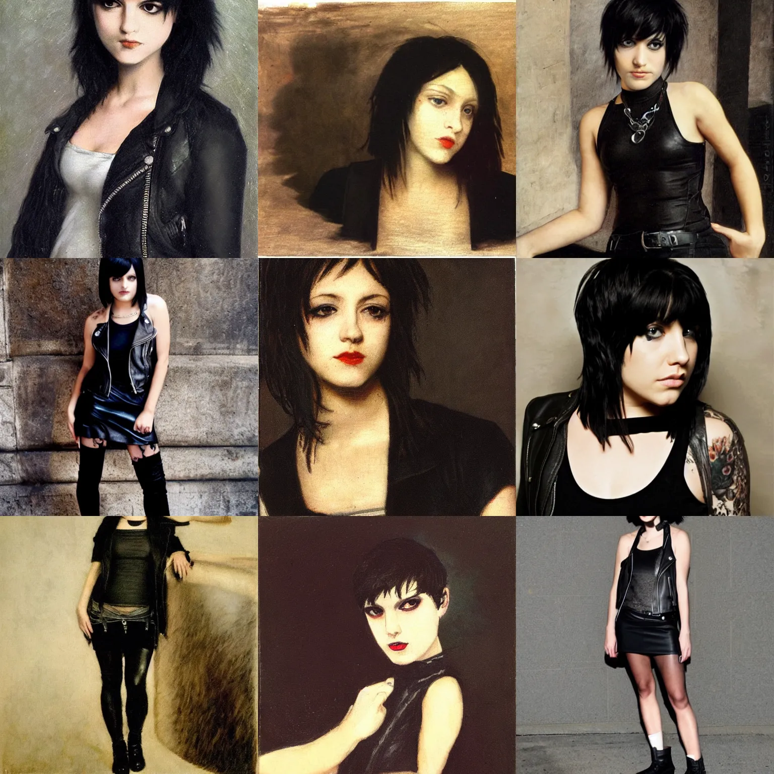 Prompt: an emo by titian. her hair is dark brown and cut into a short, messy pixie cut. she has large entirely - black eyes. she is wearing a black tank top, a black leather jacket, a black knee - length skirt, a black choker, and black leather boots.