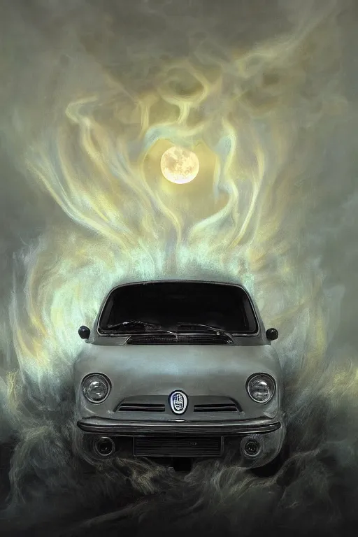 Image similar to Intricate stunning highly detailed Fiat 600R built in Argentina by agostino arrivabene and Vladimir Kush, surreal, digital painting, ultra realistic, Horror vacui, dramatic lighting, full moon, thick black swirling smoke tornado, burning fire embers, artstation