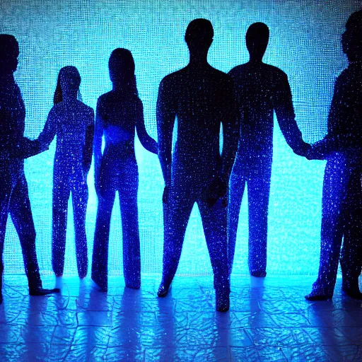 Prompt: a group of people standing in front of a display of illuminated figures, a hologram by stanley twardowicz, trending on shutterstock, holography, dystopian art, stockphoto, 8 k, global illumination, blue violet color pallete