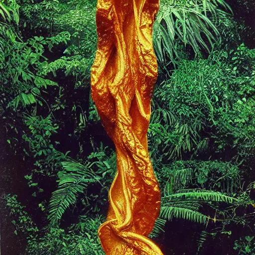 Image similar to vintage color photo of a giant 1 1 0 million years old abstract liquid gold sculpture shinning and covered by the jungle vines