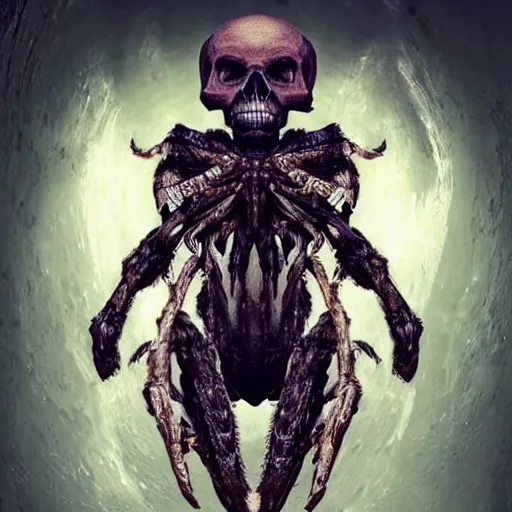 Image similar to Skull that look too much like skull!, crypt lurker!!, grasp of darkness!!!, pitchburn devils, giant terrestrial starfish!!!!!, 8k CG character rendering of a spider-like hunting female on its back, fangs extended, wearing a leopard-patterned dress, set against a white background, with textured hair and skin.